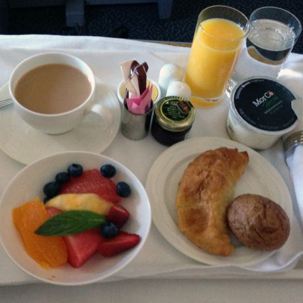 Breakfast onboard Qantas/Emirates flight.