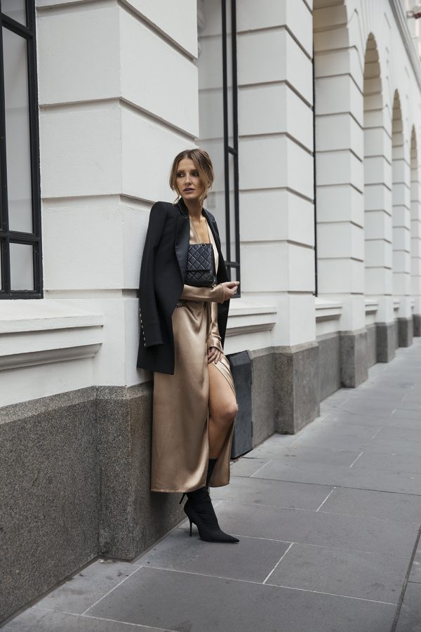 Kate Waterhouse Chanel at Marais boutique launch Melbourne balmain blazer bec and bridge dress balenciaga boots chanel bag 3