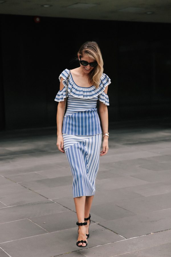 Kate Waterhouse street style wearing Rebecca Vallance top and skirt
