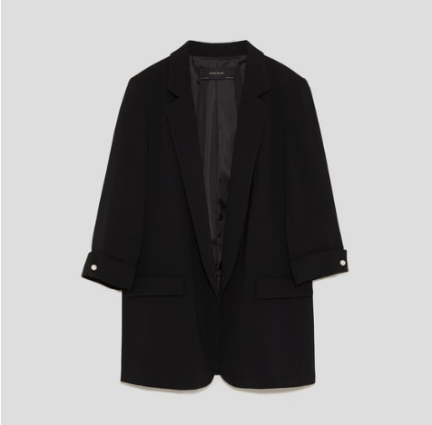 Zara three quarter sleeve cropped black blazer with pearl buttons